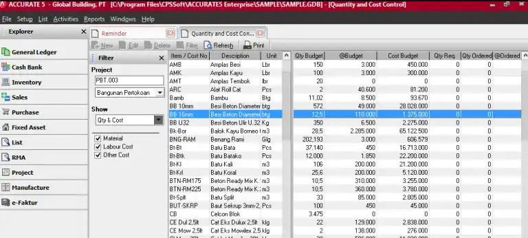 Daftar Kuantitas & Biaya Kontrol (List Of Quantity & Cost Control) adalah tabel yang menampilkan informasi Qty Budget, Qty Req., Qty Ordered, Qty Receipt, Qty Invoiced, Total Qty, dan Qty In Used dari bahan baku, tenaga kerja dan overhead yang dipakai pada Aktifitas Proyek.   Dengan daftar ini, Anda dapat mengontrol kuantitas bahan baku, tenaga kerja, dan overhead yang Anda pakai untuk menyelesaikan Aktifitas Proyek.   Daftar Kuantitas & Biaya Kontrol dapat dibuka dari menu utama List – Project – Quantity & Cost Control.